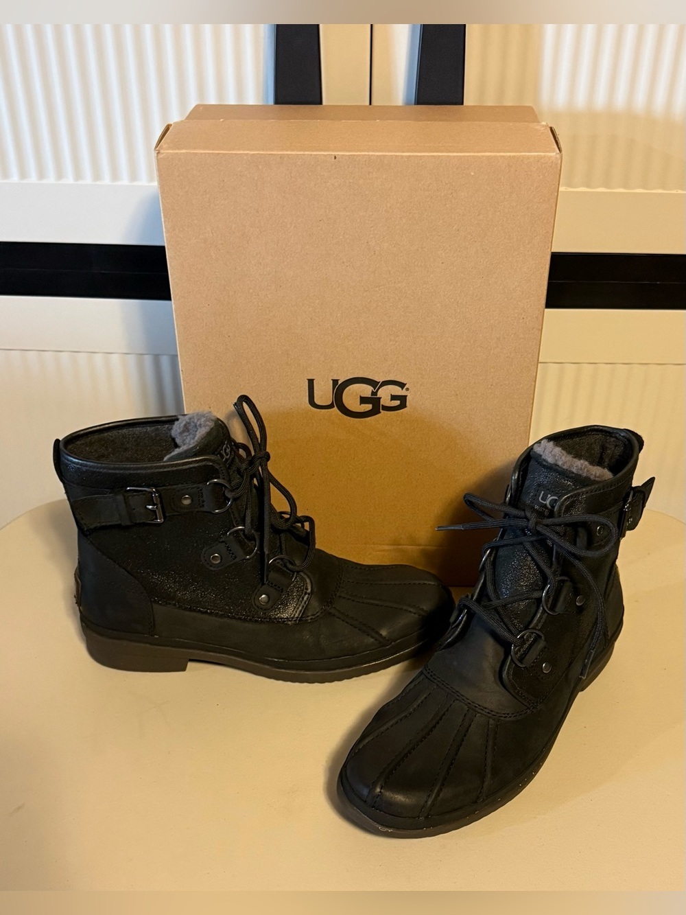 UGG “Cecile” Black Lace-Up Duck Boots with Side Buckle Great for Winter Weather!